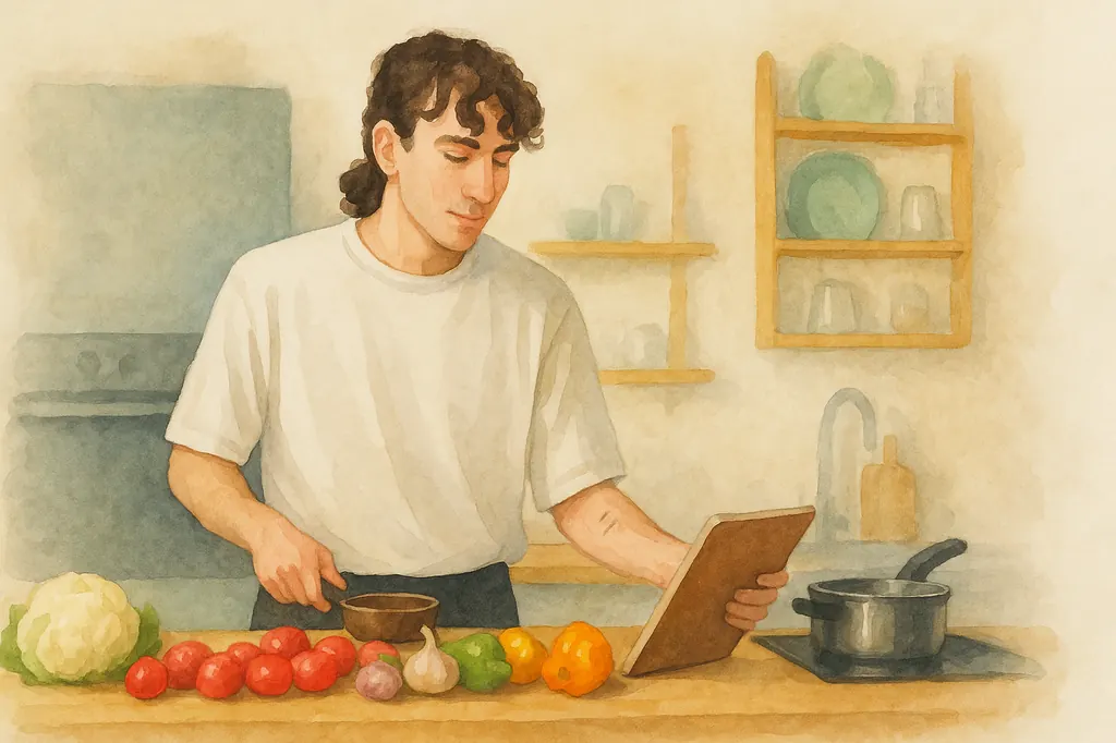 Une personne apprend la nutrition dans sa cuisine, une tablette à la main, entourée de légumes frais